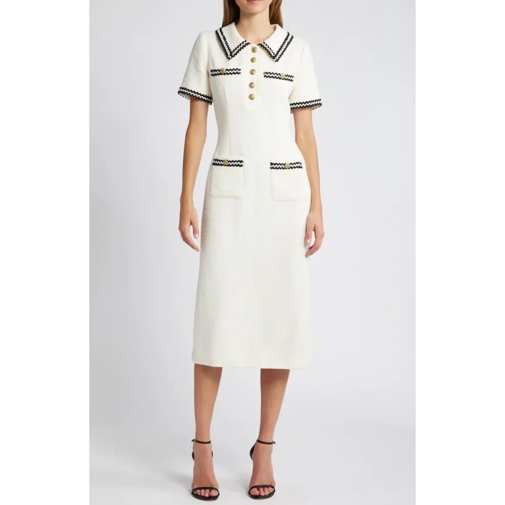 Zoe and Claire Cream Tweed Ric-Rac Trim Midi Dress Gold Crest Buttons NWOT Small